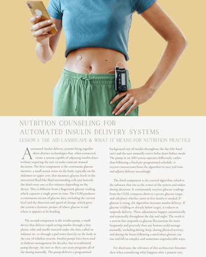Eating in the AID Era: Nutrition Counseling for Automated Insulin Delivery Systems - Dietitian CPE Continuing Professional Education, 6 CE Hours [All Dietitians]