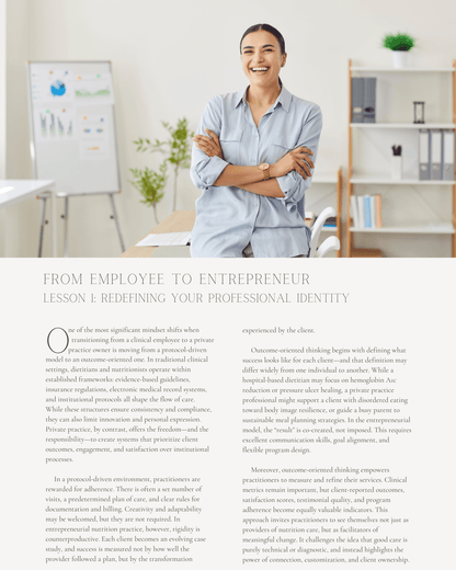From Employee to Entrepreneur: Transitioning from Clinical Work to Private Practice - Dietitian CPE Continuing Professional Education, 15 CEU [All Dietitians]